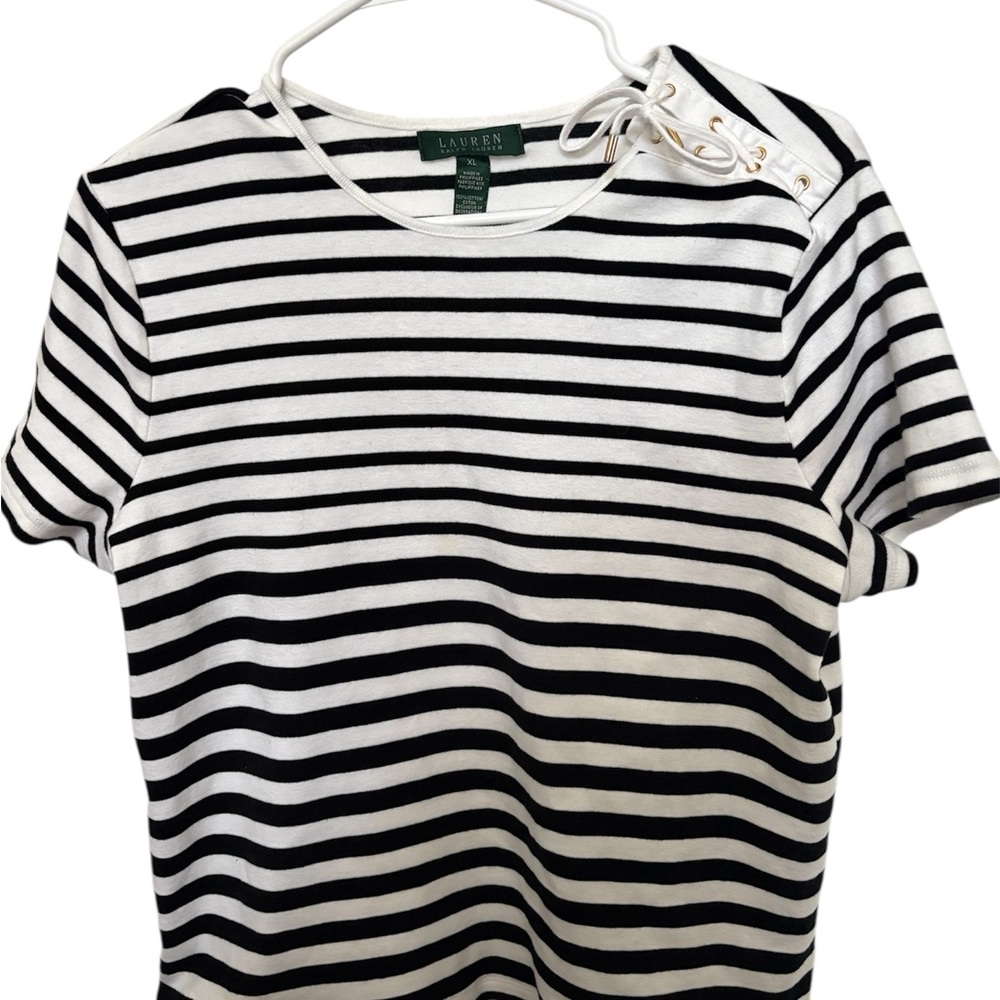 LRL Ralph Lauren Top Womens XLarge White Black Striped Boat Lace Up Neck Y2K